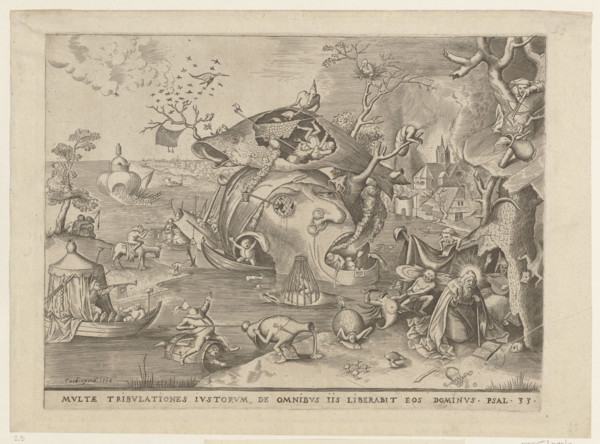The Temptation of St. Anthony. with a pseudonym at the bottom, St. Anthony praying on his knees,