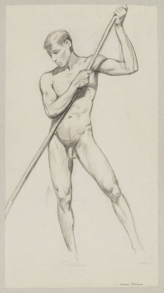 Nude — man leaning on a stick; Hans Thoma (1839–1924), draughtsman; ca. 1890, Germany; drawing;