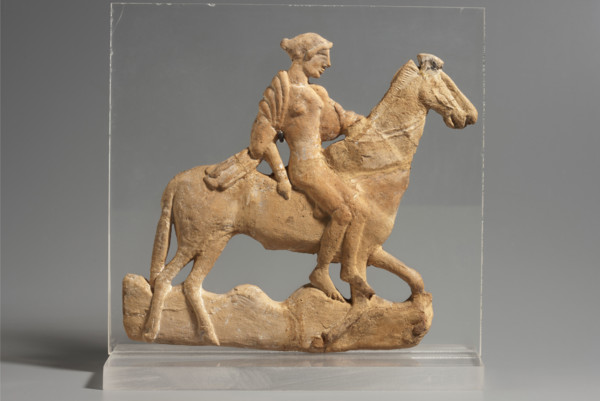 Appliqué depicting a woman riding a horse, author reclaimed, reclaimed (Silesia), 5th century,