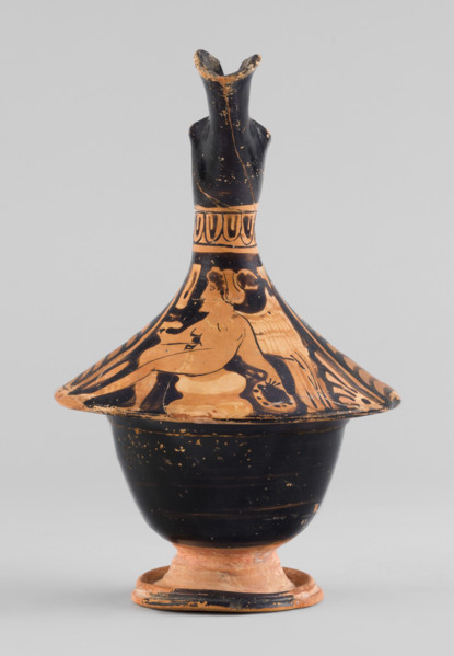 Red-figure epichysis with a depiction of Eros; palmettes; southern Italian (Apulian) pottery; ca.