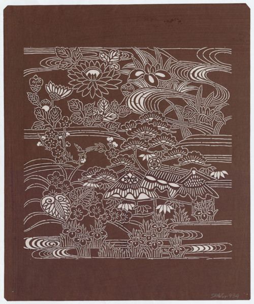 Ise katagami dyeing stencil - landscape with a house by the water, pine tree, irises,
