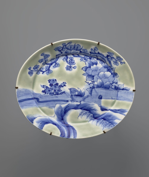 Platter (ôzara), platter, Japanese ceramics, ducks (zool.), imitation, plant ornaments, Meiji