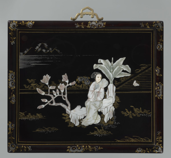 Panel; women; gardens; banana trees; magnolias; fans; Republic of China (1911–1949); butterflies;