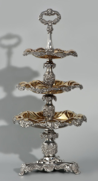 Etazera by Józef Fraget (Warsaw; silver and plated goods factory; 1824–1945). Three-tiered platter
