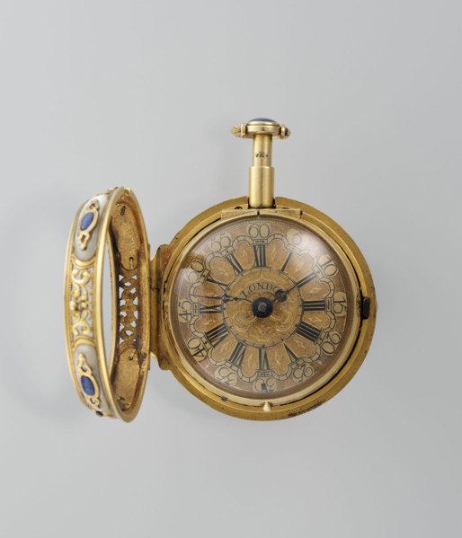 Double-case pocket watch in fabric-covered box, Cabrier, Charles (fl. 1697–1726), pocket watch,