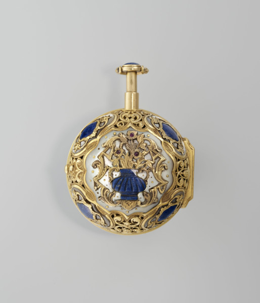Double-case pocket watch in fabric-covered box, Cabrier, Charles (fl. 1697–1726), pocket watch,