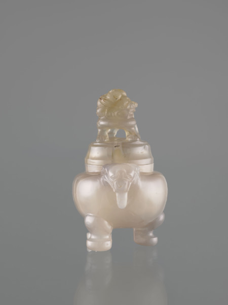 Ding-type incense burner with cover, decorated with lions and ritual vessel (fo) motifs; Chinese