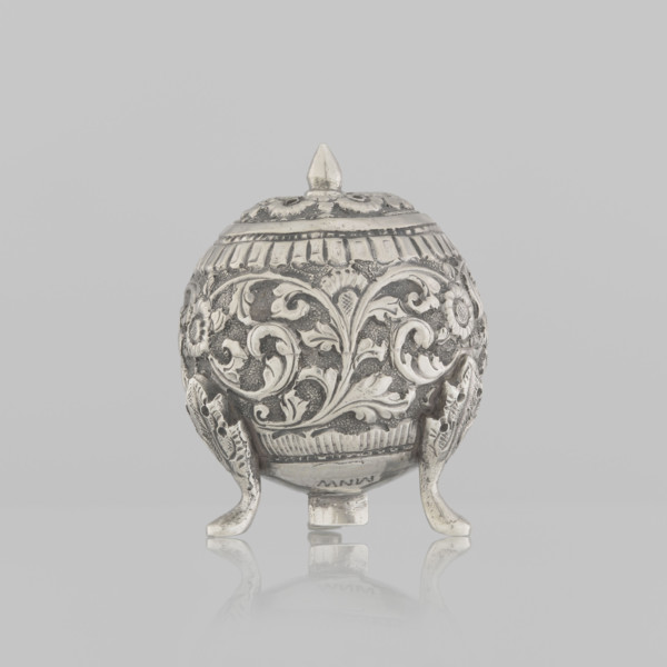 Salt cellar, Indian, 19th century; plant tendril and floral motifs; vessel for salt and spices;