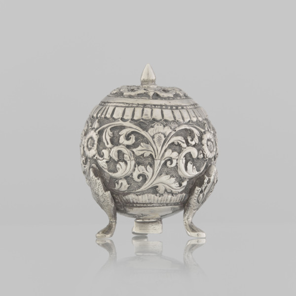 Salt cellar; Indian; 19th century; plant tendril and floral motifs; salt and spice vessel; plant