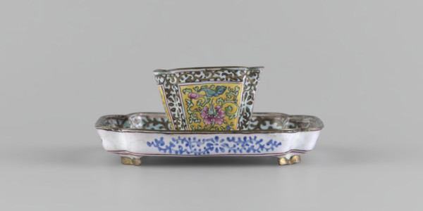 Bowl with saucer; painted enamel; plant ornament (peonies, plant tendril); Qing dynasty