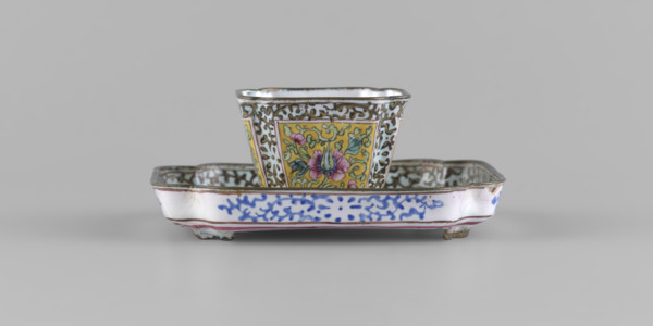 Bowl with saucer; Chinese; Qing (1644–1911); painted enamel; 18th century; subject: plant
