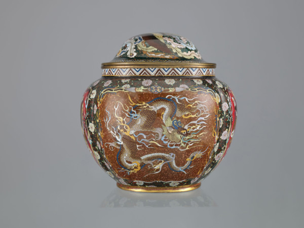 Vase with cover; Japanese; Meiji period (late 19th century, 1868–1912); cloisonné enamel; decorated