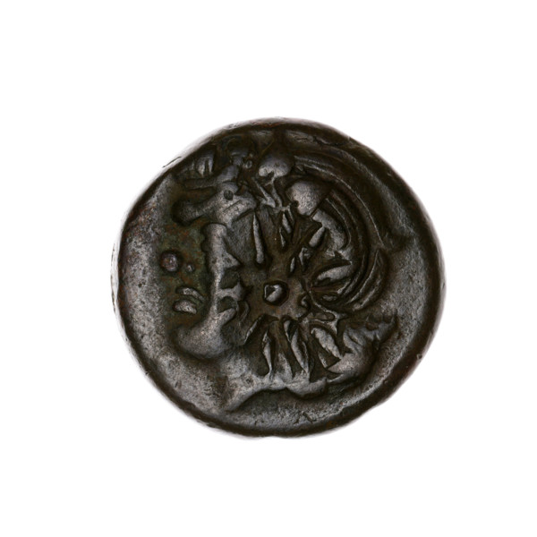 Bronze coin, Pantikapaion; obverse: head of a beardless Satyr in an ivy wreath facing left with a