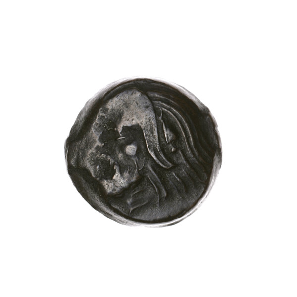 Bronze coin, Pantikapaion; obverse: head of bearded Satyr to left; reverse: bull's head to left