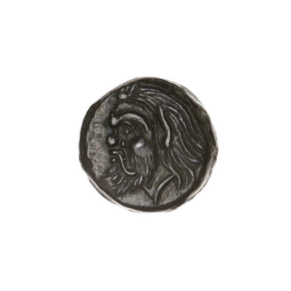 Bronze coin, Pantikapaion. Obverse: head of bearded satyr facing left. Reverse: bull's head facing
