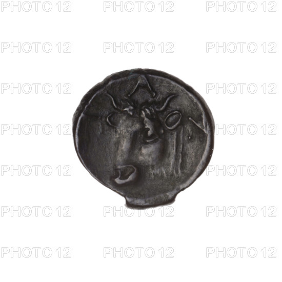 Bronze coin, Pantikapaion; obverse: head of bearded satyr facing left; reverse: bull head facing