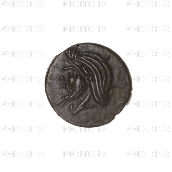 Bronze coin, Pantikapaion; obverse: head of bearded satyr facing left; reverse: bull head facing