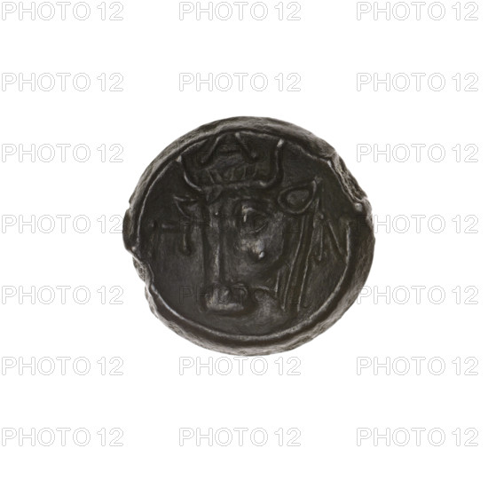 Bronze coin, Pantikapaion; obverse: head of bearded Satyr facing left; reverse: bull head facing