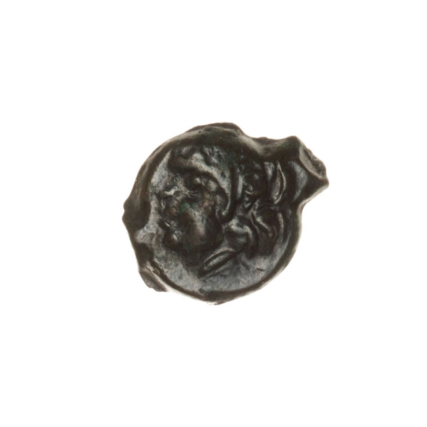 Bronze coin, Pantikapaion; obverse: head of a beardless Satyr in an ivy wreath facing left;