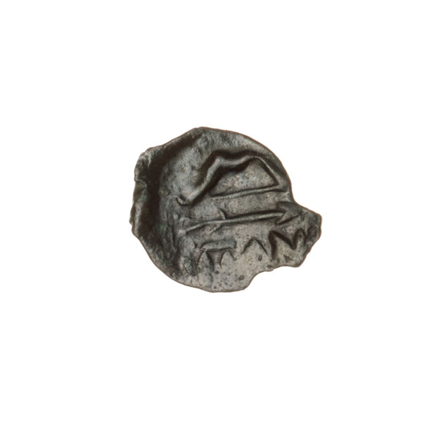 Bronze coin, head of a beardless Satyr in an ivy wreath facing left; reverse: bow and arrow facing