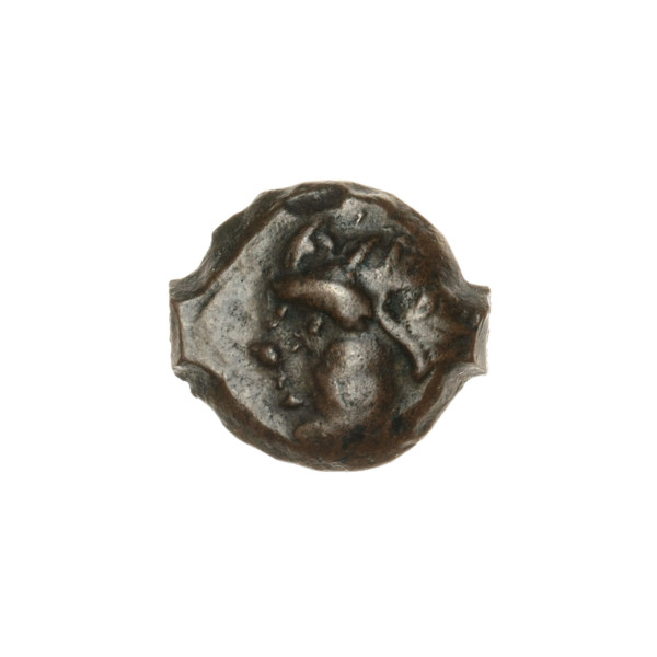 Bronze coin from Pantikapaion, obverse: head of a beardless Satyr in an ivy wreath facing left;