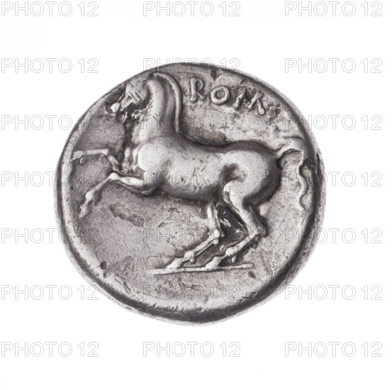 didrachma; publisher; Apollo (mythology); galloping horse; horses; head of Apollo. Obverse: head of