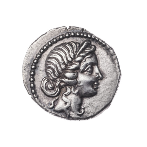 Denarius, Julius Caesar (100–44 BC; Roman dictator 49–44 BC), publisher. Obverse: Head of Venus