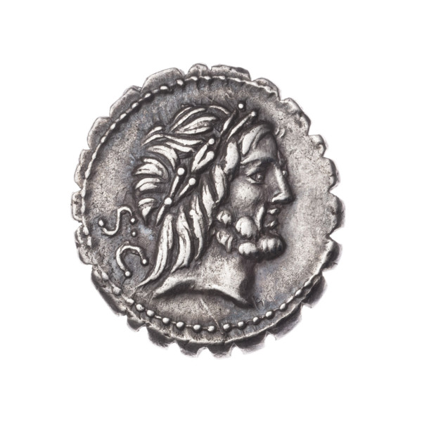 Denarius serratus, Antonius Balbus, Q. (fl. 83–82 BC), publisher. Obverse: Head of Jupiter in a