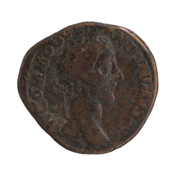 Sestertius of Commodus (161–192; Roman emperor 177–192). Obverse: Head of Commodus in a laurel