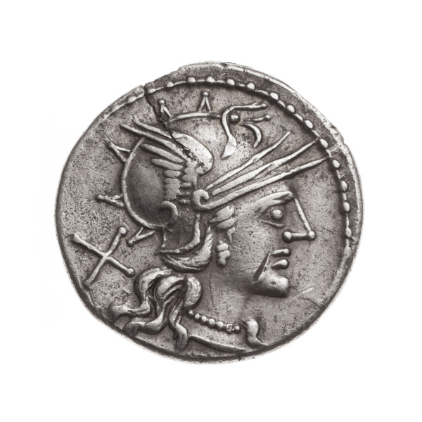 Denarius; issuer: T. Annius Rufus (fl. 144 BC), moneyer. Obverse: Helmeted head of Roma right;