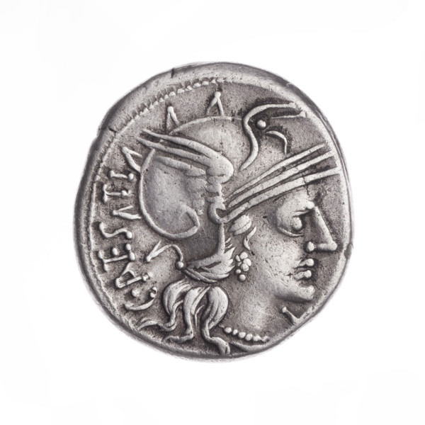 denarius, Antestius, C. (fl. 146 BC), publisher; Obv. Head of Roma in helmet at right; behind it