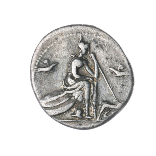 denarius; obverse: head of Roma in a Corinthian helmet facing right, below inscription ROMA, behind