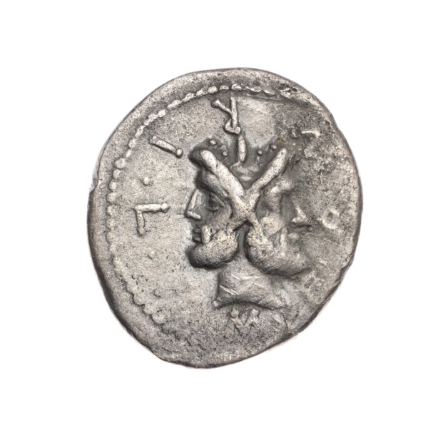 Denarius by M. Furius Philus, 119 BC. Obverse: head of Janus in a laurel wreath; inscription M