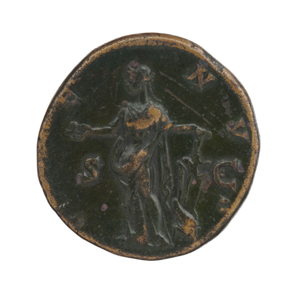 sestertius of Faustina the Younger (ca. 130–176; Roman empress 161–176), dated 147–161. Obverse:
