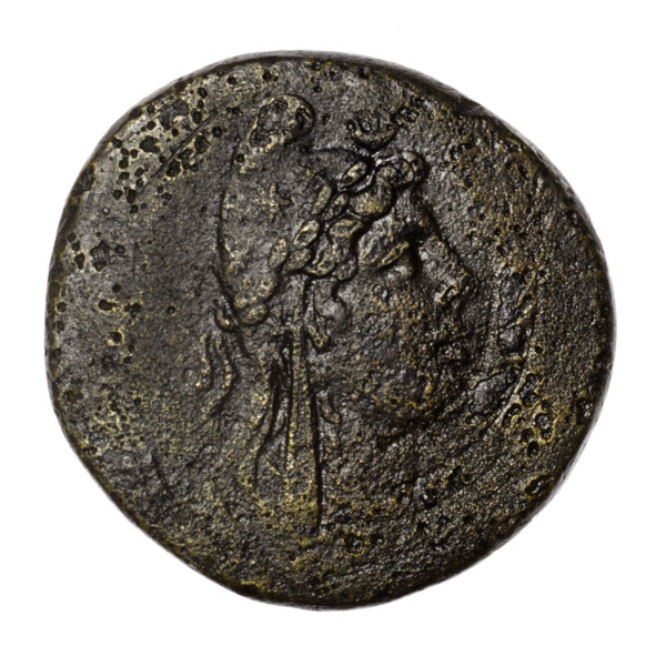bronze coin, Pantikapaion; aw: head of Attys in a Phrygian cap decorated with stars and in a laurel