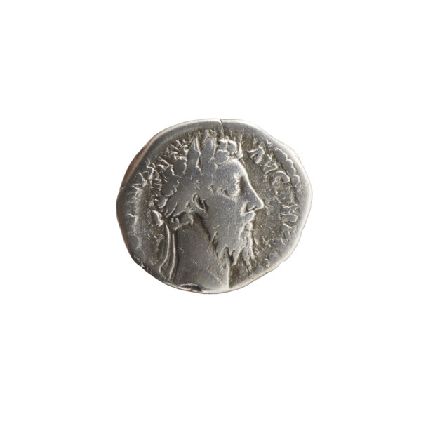 Denarius of Marcus Aurelius (121–180; Roman emperor 161–180). Obverse: Head of Marcus Aurelius in