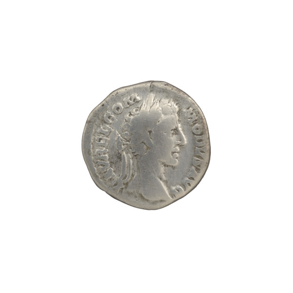 Denarius of Commodus (reign 177–192). Obverse: Head of Commodus in a laurel wreath to the right,
