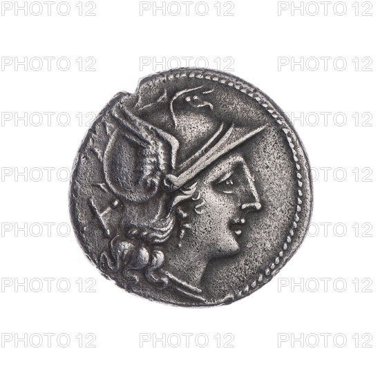 Denarius; obverse: head of Roma wearing helmet facing right, sign of value X behind; beaded border.
