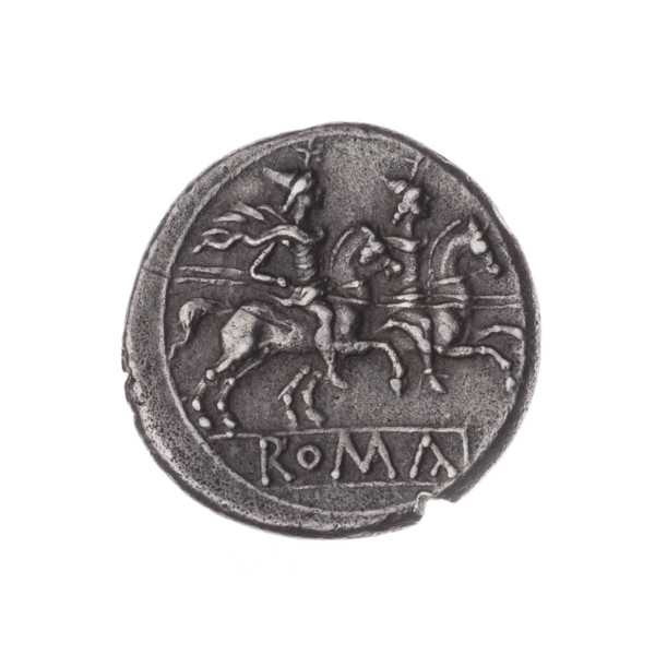 Denarius; obverse: head of Roma wearing helmet facing right, value mark X behind; beaded border.