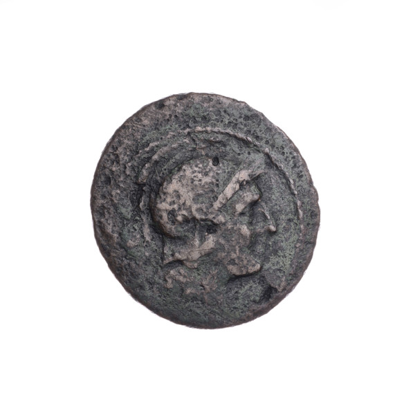 Obv. Head of Roma in an Attic helmet facing right; behind her the mark of value o. Pearl border.