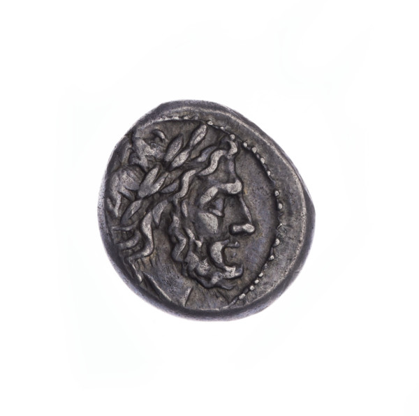 Jupiter (mythology), head of Jupiter; Wiktoria (personification) crowning trophies;