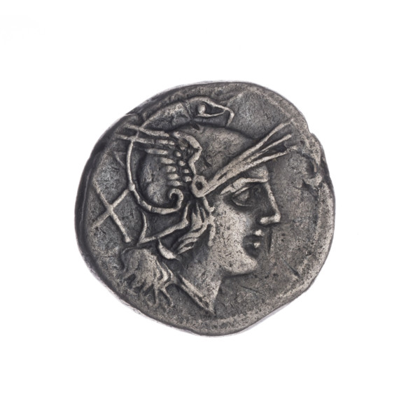 Denarius, 211 BC, Roman Republic (505–27 BC). Obverse: Head of Roma wearing a helmet facing right;