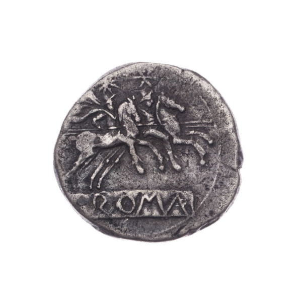 Denarius; obverse: head of Roma in helmet right, behind it the sign of value X, beaded border.