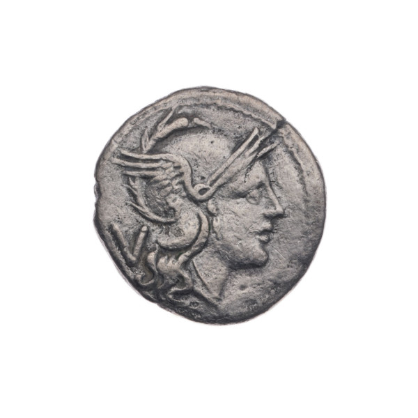 Obv. Head of Roma in a helmet to right; behind her the mark of value V. Pearl border. Rev. Dioscuri
