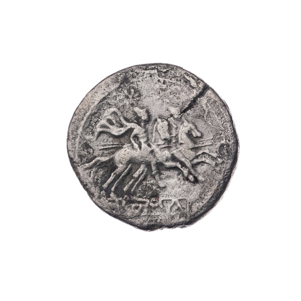 Obv. Head of Roma in a helmet to the right; behind her the mark of value V. Pearl border. Rev.