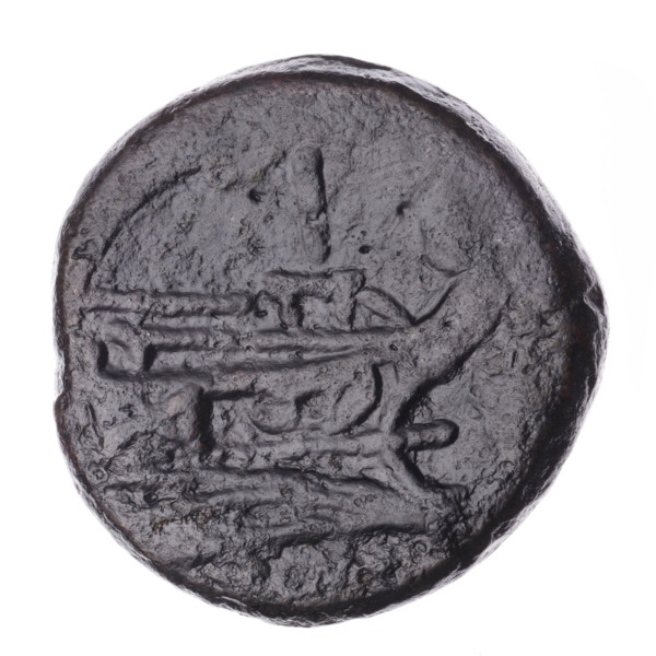 Head of Janus (iconographic) wearing laurel wreath; above value mark I. Continuous border. Reverse: