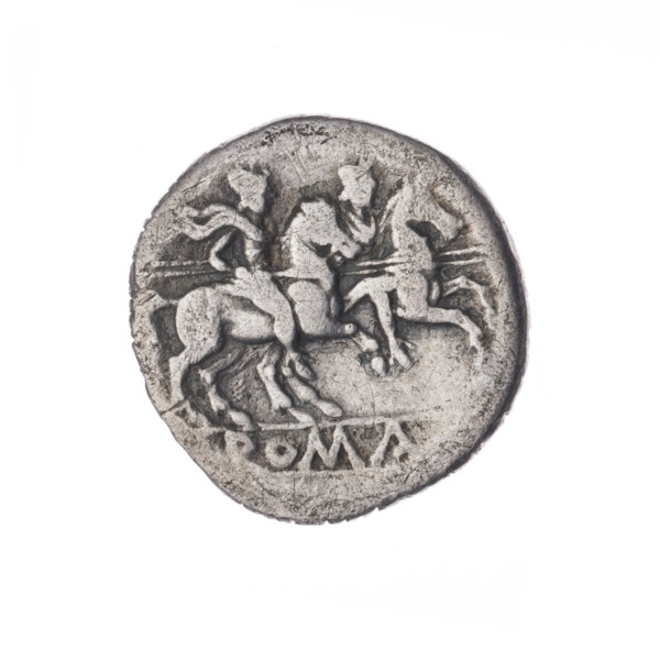 denarius; Dioscuri on horses; Dioscuri (mythology); Roma (mythology); horses; helmets; head of Roma