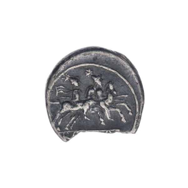 Quinary, publisher; Dioscuri on horses; Roma (mythology); helmets; Phrygian helmets. Obv. Head of