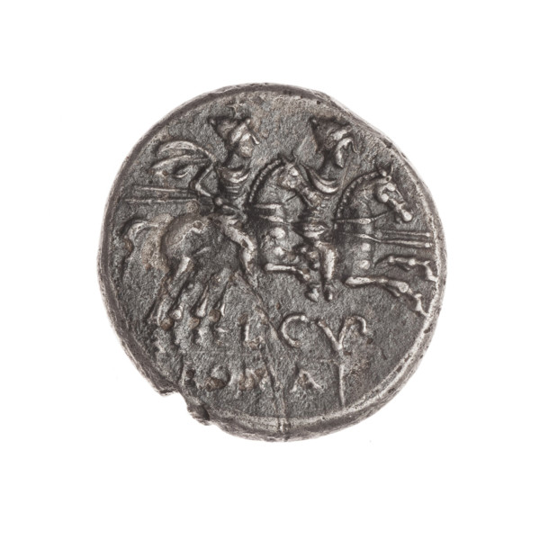 denarius; Dioscuri on horses; Dioscuri (mythology); horses; Roma (mythology); cornucopias; head of