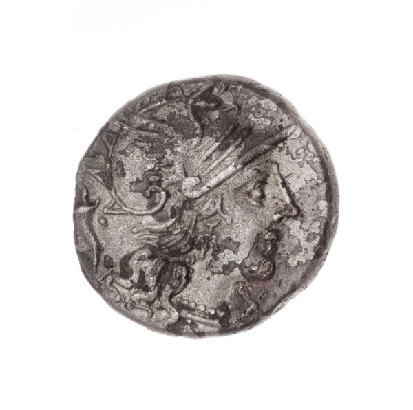 Denarius subaeratus; obverse: helmeted head of Roma right, behind it a cornucopia, in front a sign
